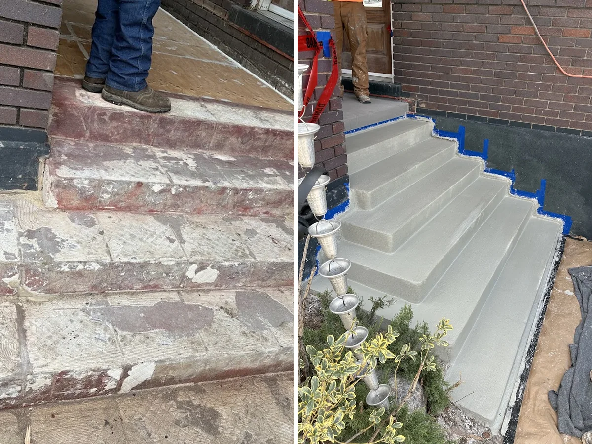 Concrete stairs before and after restoration