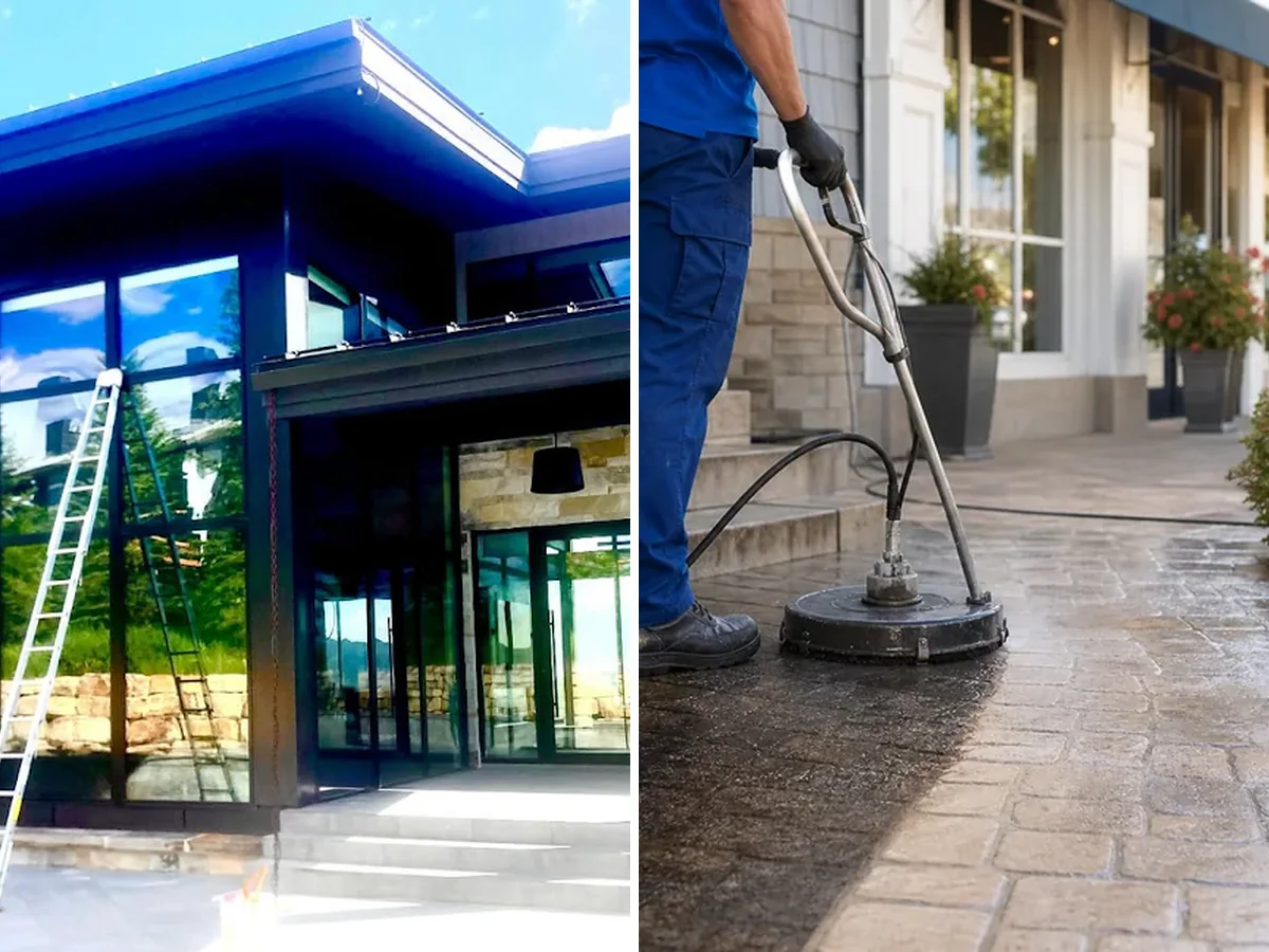 A residential exterior and a professional pressure-washing walkway