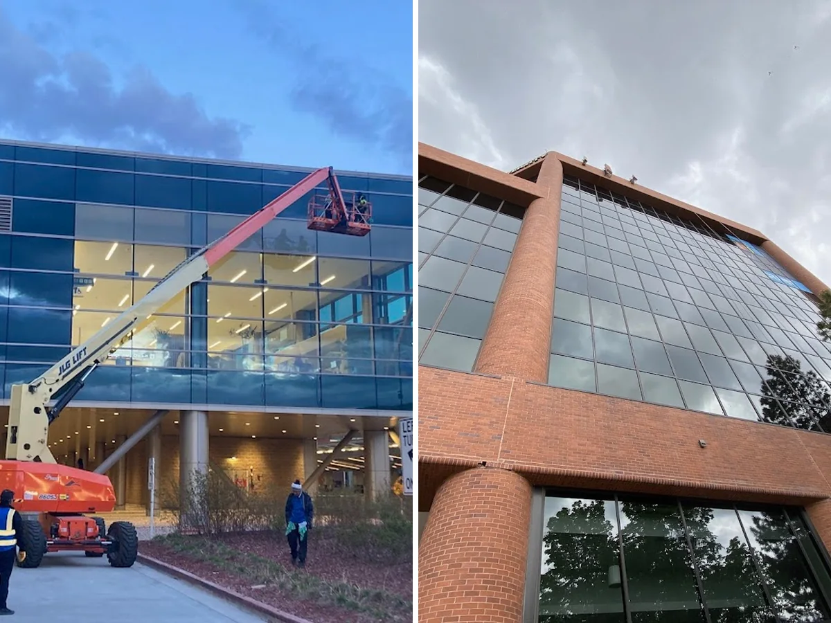 Commercial window cleaning projects using a lift